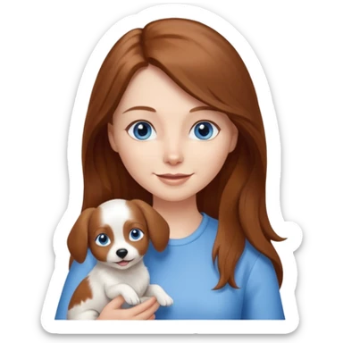 long hair chestnut color blue eyes woman holding small just white dog sticker
