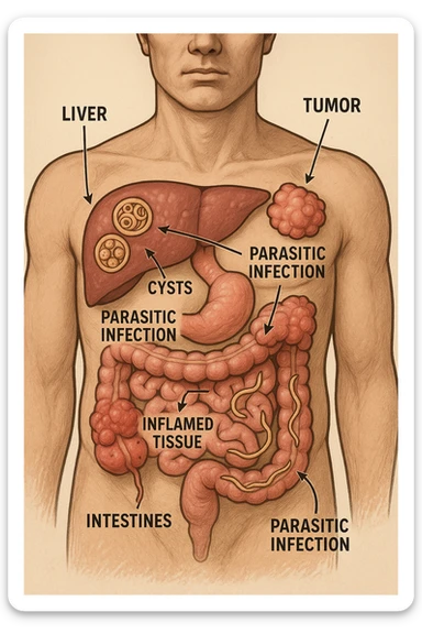 a cross-section of a man’s torso displays various types of parasites embedded in the liver, intestines, and other organs. Tumor growths and inflamed tissues are clearly depicted, with arrows or labels explaining the link between parasitic infection and health problems. The mood is cautionary and informative. in italiano sticker