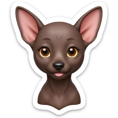 Cinematic Cute Xoloitzcuintle Portrait Emoji, Head tilted playfully and inquisitively, featuring smooth, hairless ebony skin with distinctive, artistic wrinkles, round, sparkling dark eyes filled with curiosity, Simplified yet irresistibly adorable features, highly detailed, glowing with a warm, friendly glow, high shine, affectionate and spirited, stylized with a touch of whimsy, bright and endearing, soft glowing outline, capturing the essence of a mischievous yet loving companion, so playful it feels like it could trot out of the screen and into your arms! sticker