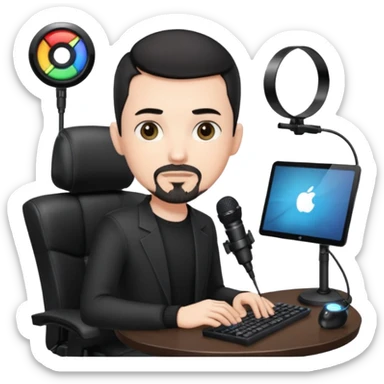 a setup of a youtuber, white skin, thin goatee, black short hair, with a desktop pc on a table, a gaming chair, microphone, ring light sticker