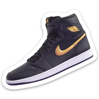 Jordan 1 sneaker, shiny black material with a metallic gold swoosh sticker