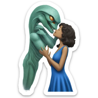 a Reptilian alien woman, in blue dress,  kissing morfeo sticker