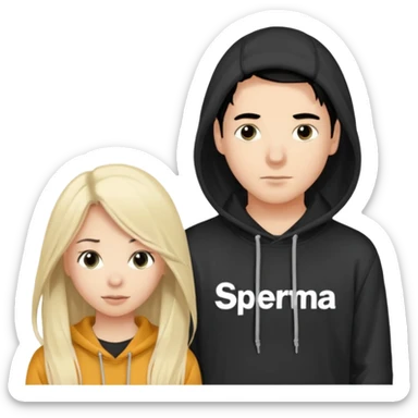 I want it to be this emote 🙍‍♂️
of a guy with black hair and a black sweatshirt with the word "sperma" written in white in the middle. Behind him, there's a pretty blonde with long hair, pulling the string on the first person's hoodie. The girl is wearing a gray sweatshirt. sticker