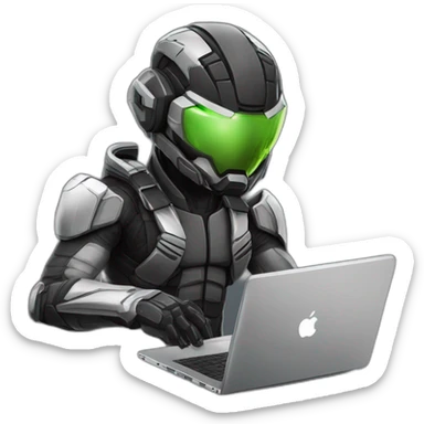 Young man developer behind his laptop with this style : Crytek Crysis Video game with nanosuit hacker themed character sticker