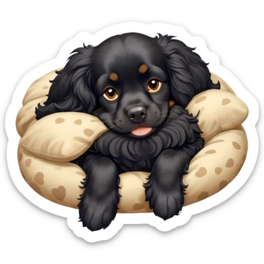 Cinematic Meme-Worthy Chubby Sleeping Black Cocker Spaniel Portrait Emoji, Head resting peacefully with a contented smile, showcasing a delightfully chubby build and a luxuriously soft black coat with gentle tan markings, eyes shut in a serene nap, Simplified yet hilariously adorable features, highly detailed, glowing with a soft, drowsy light, high shine, relaxed and utterly lovable, stylized with an air of playful laziness, bright and heartwarming, soft glowing outline, capturing the essence of a comically sleepy companion, so meme-worthy it feels like it could instantly become the next viral sensation of adorable slumber! sticker