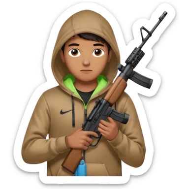 
Fais moi un jeune taliban qui ressemble qui tient une AR15 avec un hoodie a capuche, capuché, avec la cagoule nike therma fit hood sticker