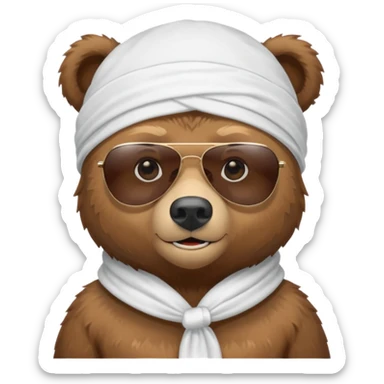 cute Russian grizzly bear wearing a white durag, with sunglasses sticker