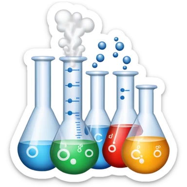 An icon featuring chemical flasks with tubes, representing hydrolysis, along with liquids, powders, and chemical formulas. The design includes molecules and reaction symbols, symbolizing the study of chemical processes and compounds. Transparent background highlights the science of reactions. sticker