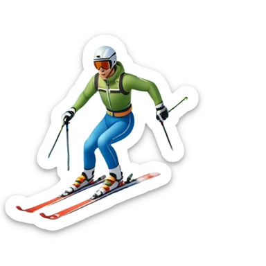 An icon featuring snowy peaks, pine trees, and a picturesque mountain landscape with a skier racing down a snow-covered slope, The sky is blue with soft clouds, capturing the thrill and beauty of alpine skiing. Transparent background highlights the excitement and serenity of winter sports. sticker