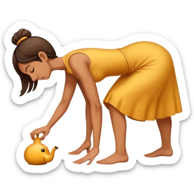 Woman bowing while standing on a huge nose sticker