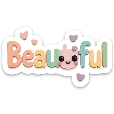 Add a cute kawaii face and tiny pastel hearts to the text, keep the 3D paper-craft effect, no outline, transparent background sticker