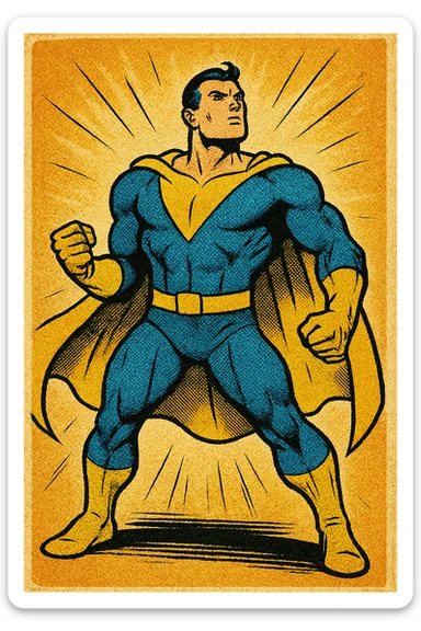 invincible superhero character wearing a blue and yellow suit, heroic stance, comic book style sticker