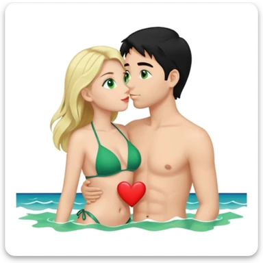 Blonde girl Green eyes Green Bikini whole body Kissing man black Hair blue eyes Hearts in Body Background sea sticker