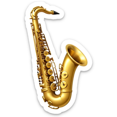 Create a sleek and sophisticated emoji representing a saxophone. The design should feature the shiny, golden body of the saxophone, with its smooth curves and metal keys clearly visible. Include subtle details like the mouthpiece with the reed and the bell at the end of the instrument. The keys should be delicately arranged, capturing the intricacy of the instrument. Use warm golden tones for the saxophone and add small musical notes floating around to evoke the smooth, soulful sound of the saxophone. The background should be transparent. sticker