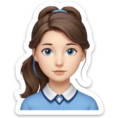 Realistic Student Portrait, with porcelain-like skin featuring a natural rosy flush, illuminated by soft lighting that highlights the gentle contours of her face. Her Brunette pony tail hair flows in soft, Her deep blue eyes radiate warmth and innocence,  wear light blue preppy style. sticker