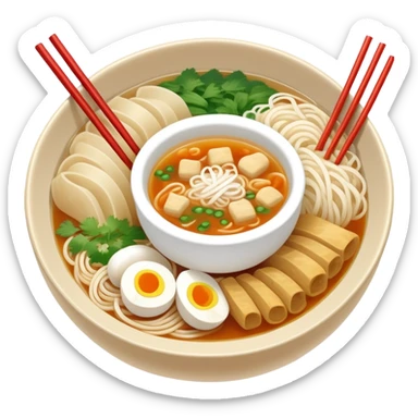 Yunnan Crossing the Bridge Rice Noodles with separate ingredients and hot broth, simplified emoji style with bold outlines and bright colors, cartoon style traditional Guo Qiao Mi Xian sticker