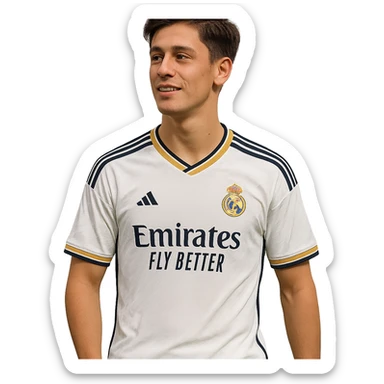 a person wearing a Real Madrid jersey, resembling Arda Güler, in a natural pose, no background sticker