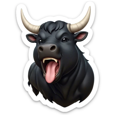 Cinematic Cute Yawning Black Bull Portrait Emoji, Head tilted slightly with a dramatic, wide-open yawn, showcasing a smooth, pure black hide with a subtle texture, floppy ears slightly drooping, round dark eyes barely open in drowsy contentment, Simplified yet irresistibly adorable features, highly detailed, glowing with a soft, cozy glow, high shine, relaxed yet expressive, stylized with a touch of rugged whimsy, bright and endearing, soft glowing outline, capturing the essence of a sleepy yet affectionate guardian, so drowsy it feels like it could charge right out of the screen and curl up for a nap! sticker