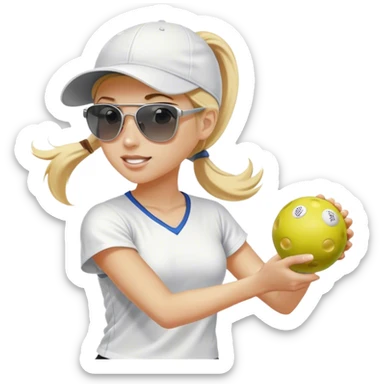 Girl with blond hair in a ponytail wearing a white baseball cap and sunglasses playing pickleball sticker