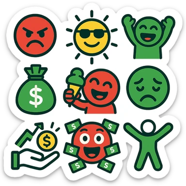 Make the emoji set more colorful with bold reds, greens, and whites inspired by the attached logo. Remove Middle Eastern clothing. Focus on themes of sun, fun, making money, and being free. Include a variety of interactions such as angry, happy, sad, excited, and more. Style should be vibrant and suitable for a Discord server. Keep transparent backgrounds. sticker