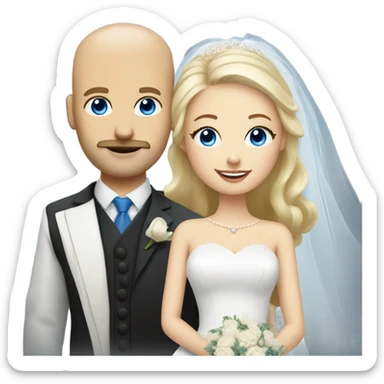 Blonde bride with blue eyes and balding groom with a blonde mustache sticker