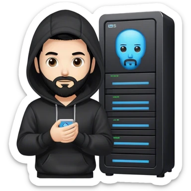 hackeur blanc cheveux noir barbe et capuche noir à côté d'un server ia sticker