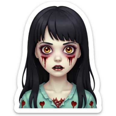 Zombie girl, black hair with bangs, slightly wavy, very long hair,long eyelashes, black eyes,iOS style sticker