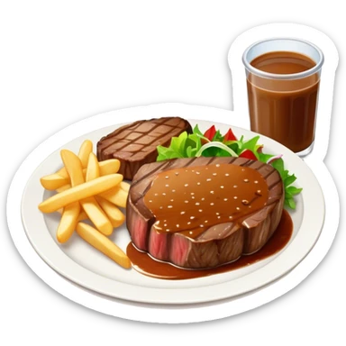 big juicy australian steak meal featuring chips, small salad in a ramikan and gravy  sticker