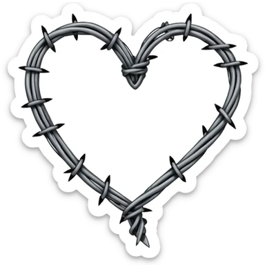 Minimal black line art heart made from barbed wire, hand-drawn sketch look, uneven ink strokes, 6–7 barbs with twisted knots, simple clean outline, centered on plain white background, high contrast sticker