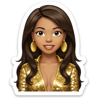Tenitra Michelle Williams, R&B Singer from Destiny's Child with long dark brown hair, gold sequin outfit, medium dark skin sticker