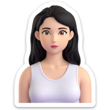 Female with straight long black hair parted in middle, beige skin, big brown eyes, natural makeup, white sleeveless top sticker