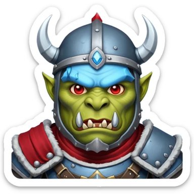 Fantasy Christmas orc legion soldier icon, iron tundra army theme, heavy winter armor, disciplined brutal look, dark icy steel armor with bold crimson cloth and markings, cold blue shadows, high contrast, clean emoji portrait style
 sticker