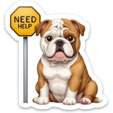cute English bulldog sitting beside a 'need help' sign, emoji style sticker