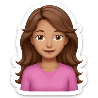 A pretty girl with tan skin and long wavy hair, wearing a pink basic shirt with brown eyes and a closed mouth smile sticker