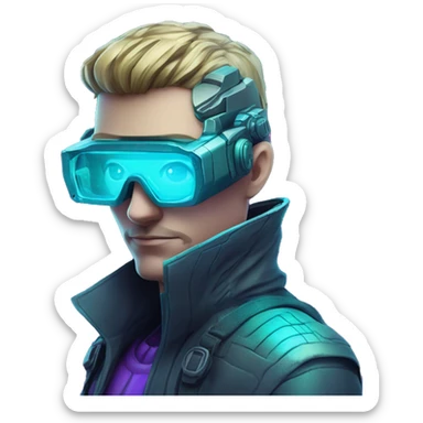 Secret human agent with  cyberpunk elements with a spyglass scanning looking reviewing multicolor lines of code, cyan and purple colors, only upper body portrait sticker