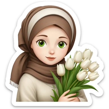 A sweet girl with white skin, green eyes, wearing a brown headscarf and bouquets of white tulips in her arms. sticker
