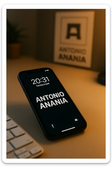 A photo of an iPhone with the message "Antonio Anania" on its screen, The phone sits atop a desk with a blurred background that suggests work environment. A faint glow from above casts gentle shadows across the surface of each object, creating depth and highlighting their textures sticker