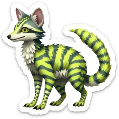  cool handsome gorgeous realistic zig-zag-patterned striking yellowish-pastel-lime-green-white-gradiented with dark undertones, white underside, thunderous stormy edgy badass realistic Vernid-Sergal-Genet-Trico-species by LiLaiRa, full body sticker