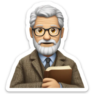 "A middle-aged man with graying hair, a beard, and round glasses. He has a serious, regretful expression, wears a tweed jacket, and holds a book or chalk." sticker