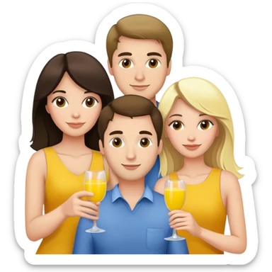 Group of friends 2 brunettes 2 blondes, one guy holding mimosa sticker