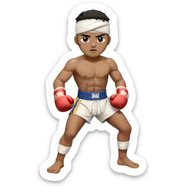 ​Cinematic Realistic Traditional Muay Thai Fighter such as Buakaw Banchamek, depicted in authentic attire featuring white bandaged gloves wrapped around his fists, a traditional headband tied neatly, and classic Muay Thai shorts, captured in a dynamic fighting stance under dramatic, high-energy lighting that highlights the raw power and elegance of the art, sticker