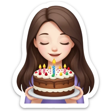 happy beautiful pale brunette girl with long eyes closed hair holding a piece of birthday cake  sticker