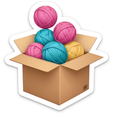 cardboard box with toys, ball of yarn, pink sticker