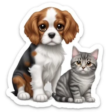 Cavalier King Charles Spaniel puppy sits next to a British gray tabby cat sticker