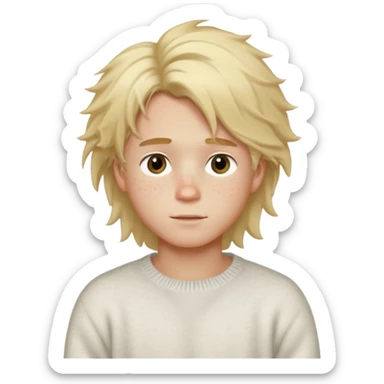 create-a-look-for-a-blond-boy-with-long-tousled-hair-light-eyes-a-white-sweat + fluffy white sweater + styled hair blonde with hair to the side cute + cute face with freckles sticker