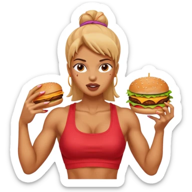 strong lean woman with visible strong abs eating a burger sticker