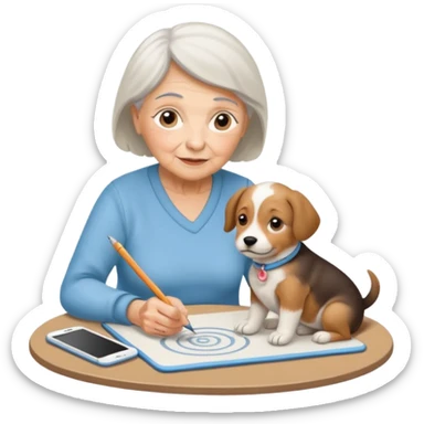 An elderly woman sketching her puppy on the spiral pad. sticker