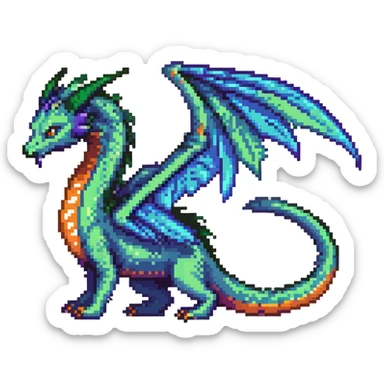 mystical wyrm with a long tail and large wings, colored green, blue, and purple sticker