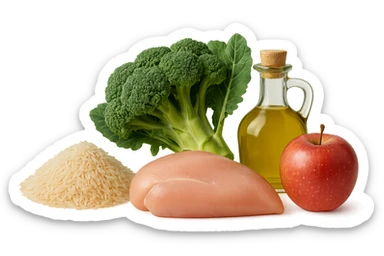 Riso basmati
Petto di pollo
Verdura fibrosa verde
Olio EVO
Mela
vista frontale, iperrealistico 4k sticker