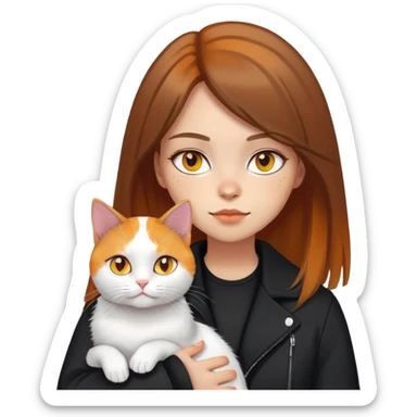 Light-skinned girl with brown straight hair wearing a black jacket, holding one pure white cat with bright yellow eyes and one calico cat with orange black and white patches sticker